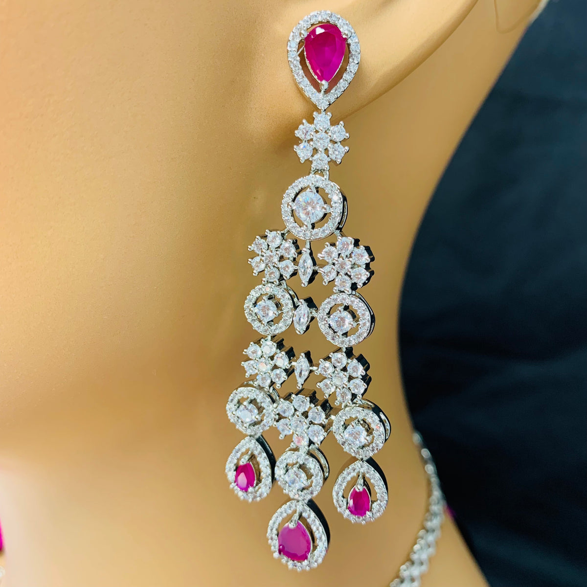 Paaie Designer Semi-Precious American Diamond & Ruby Necklace with Earrings (D456)