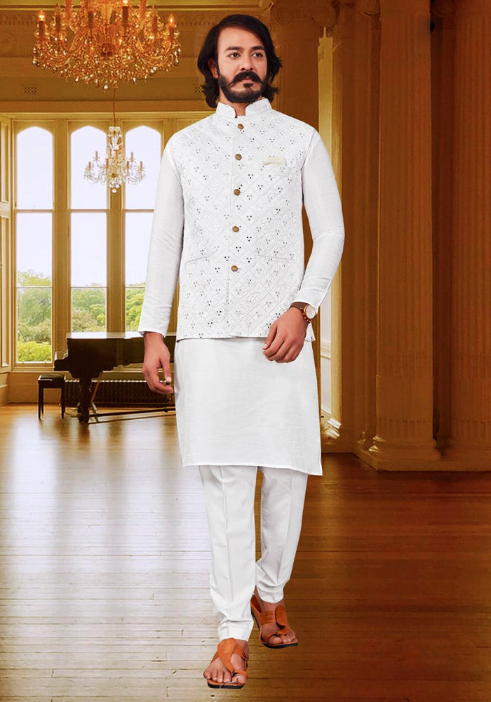 White kurta best sale pyjama with waistcoat