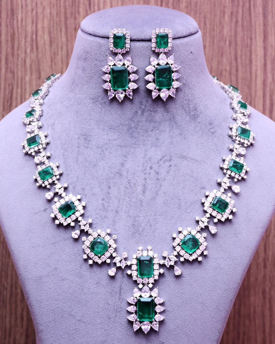 Paaie Designer Semi-Precious American Diamond Necklace with Earrings