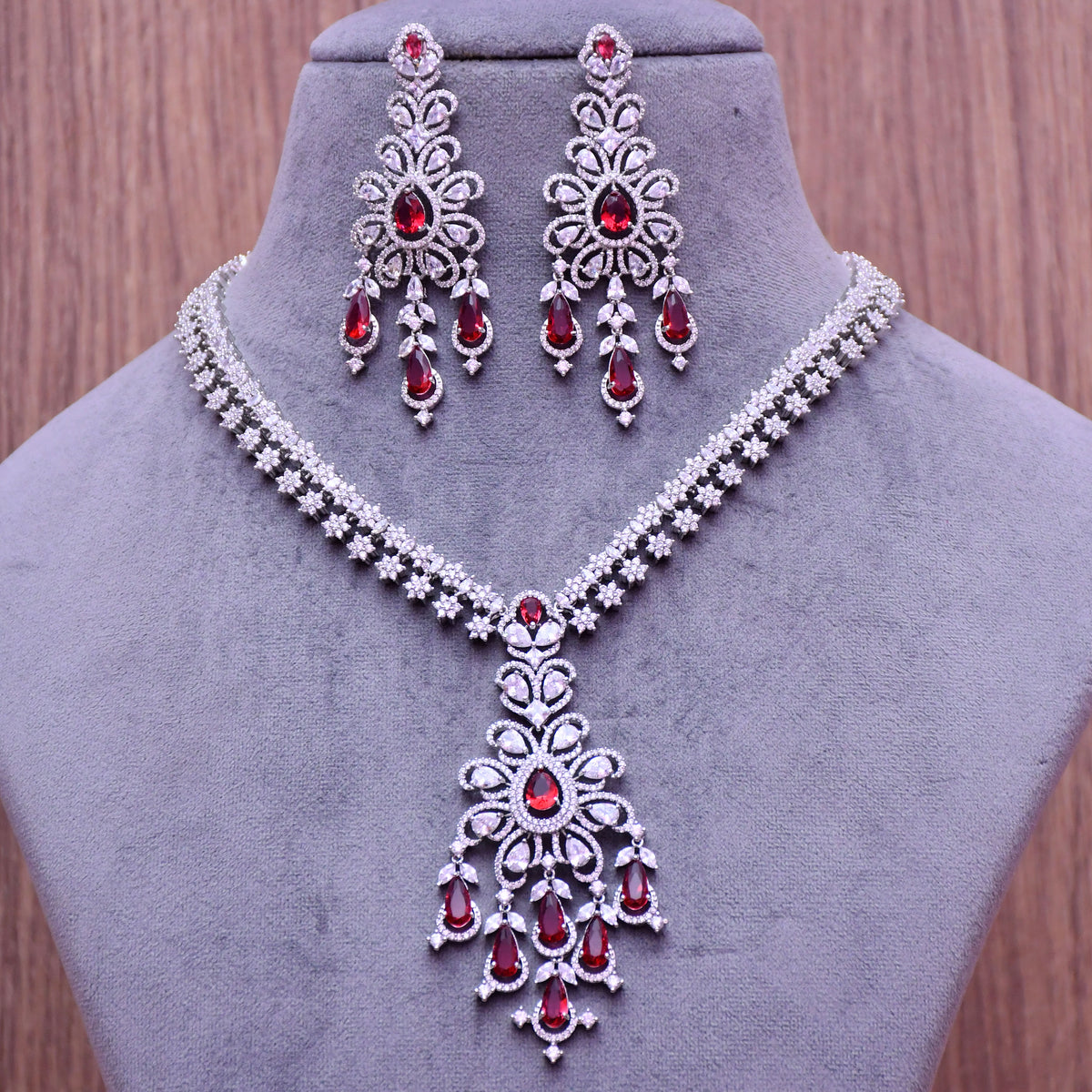 Paaie Designer Semi-Precious American Diamond Necklace with Earrings