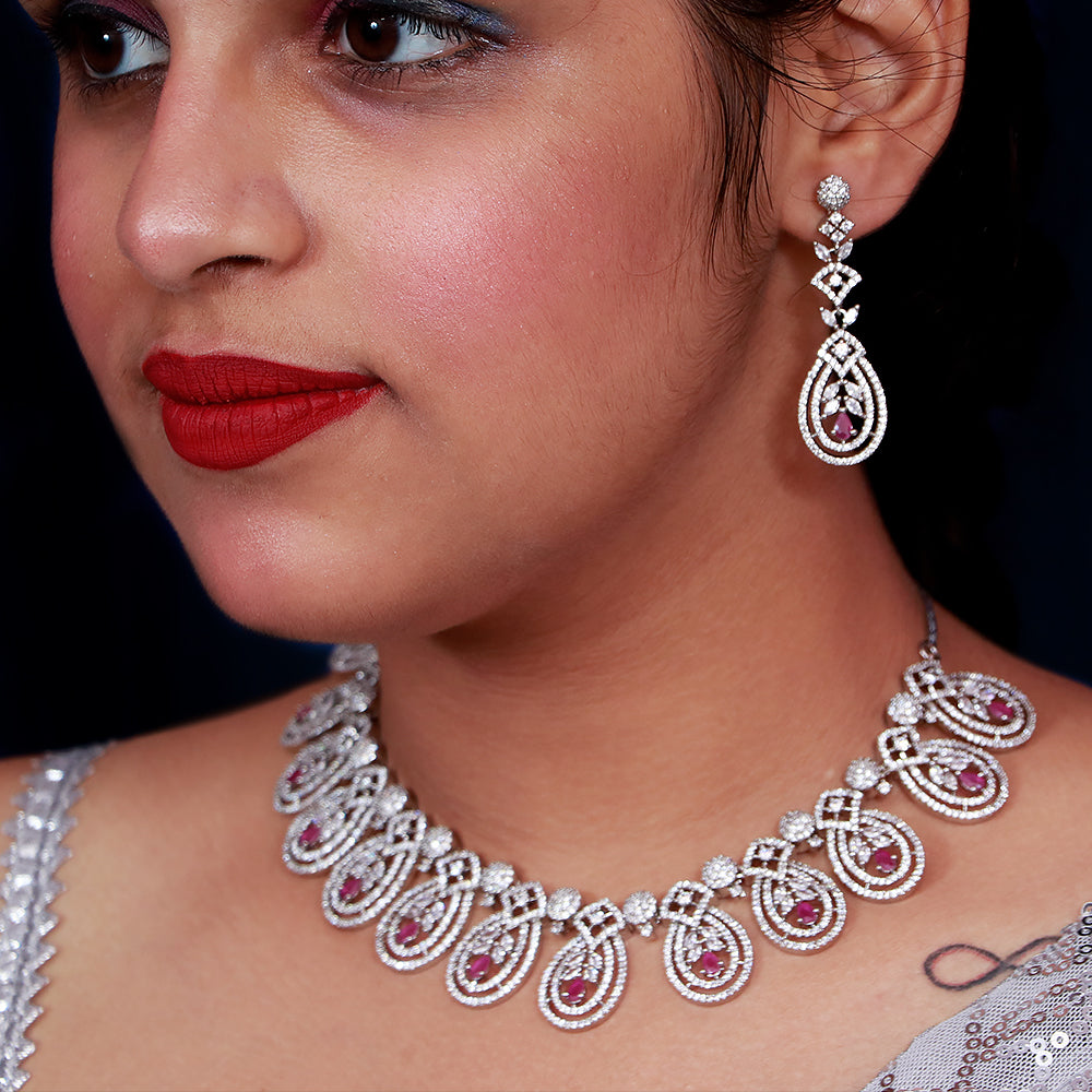 Designer Semi-Precious American Diamond & Ruby Necklace with Earrings –  PAAIE