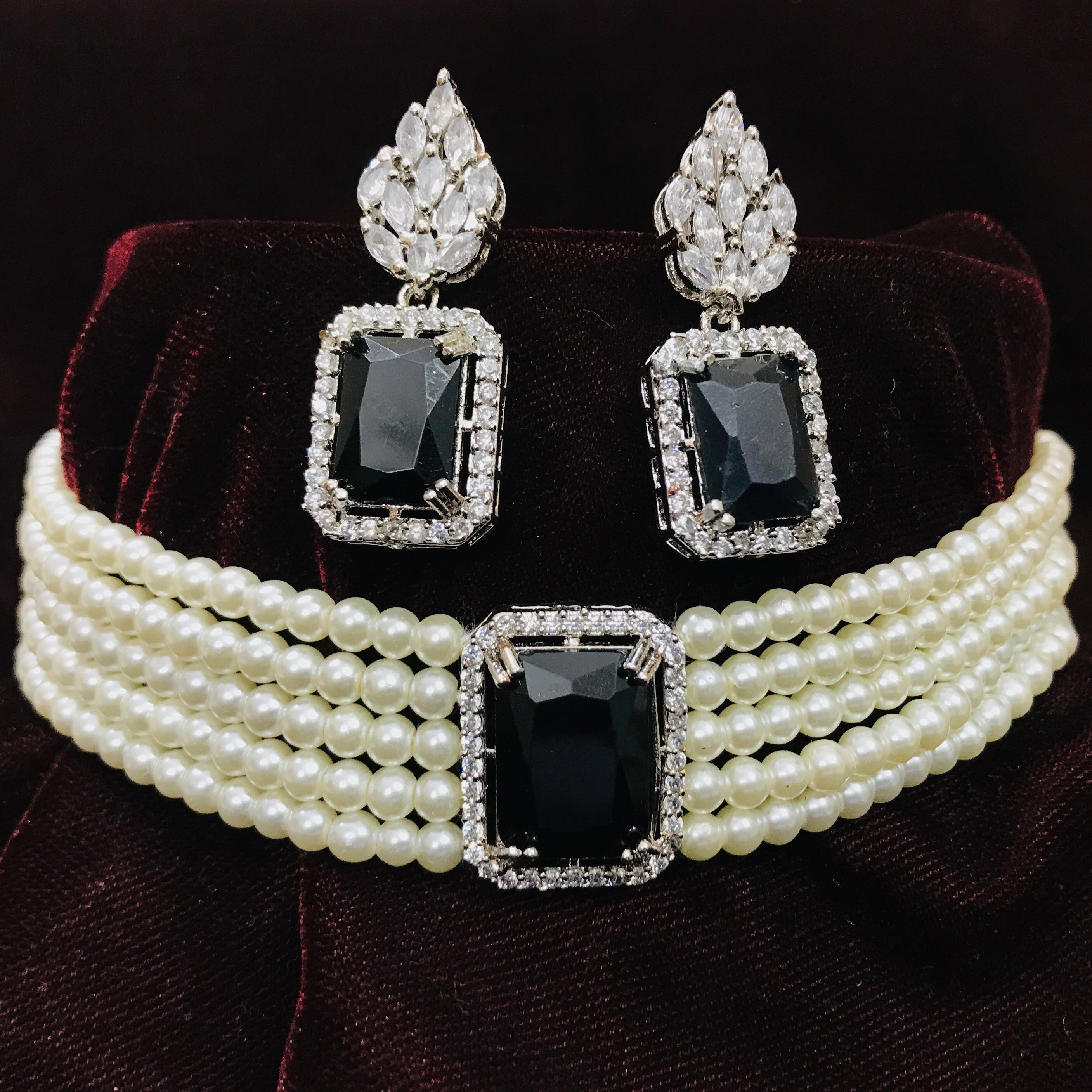 Paaie Designer Semi-Precious American Diamond Necklace with Earrings