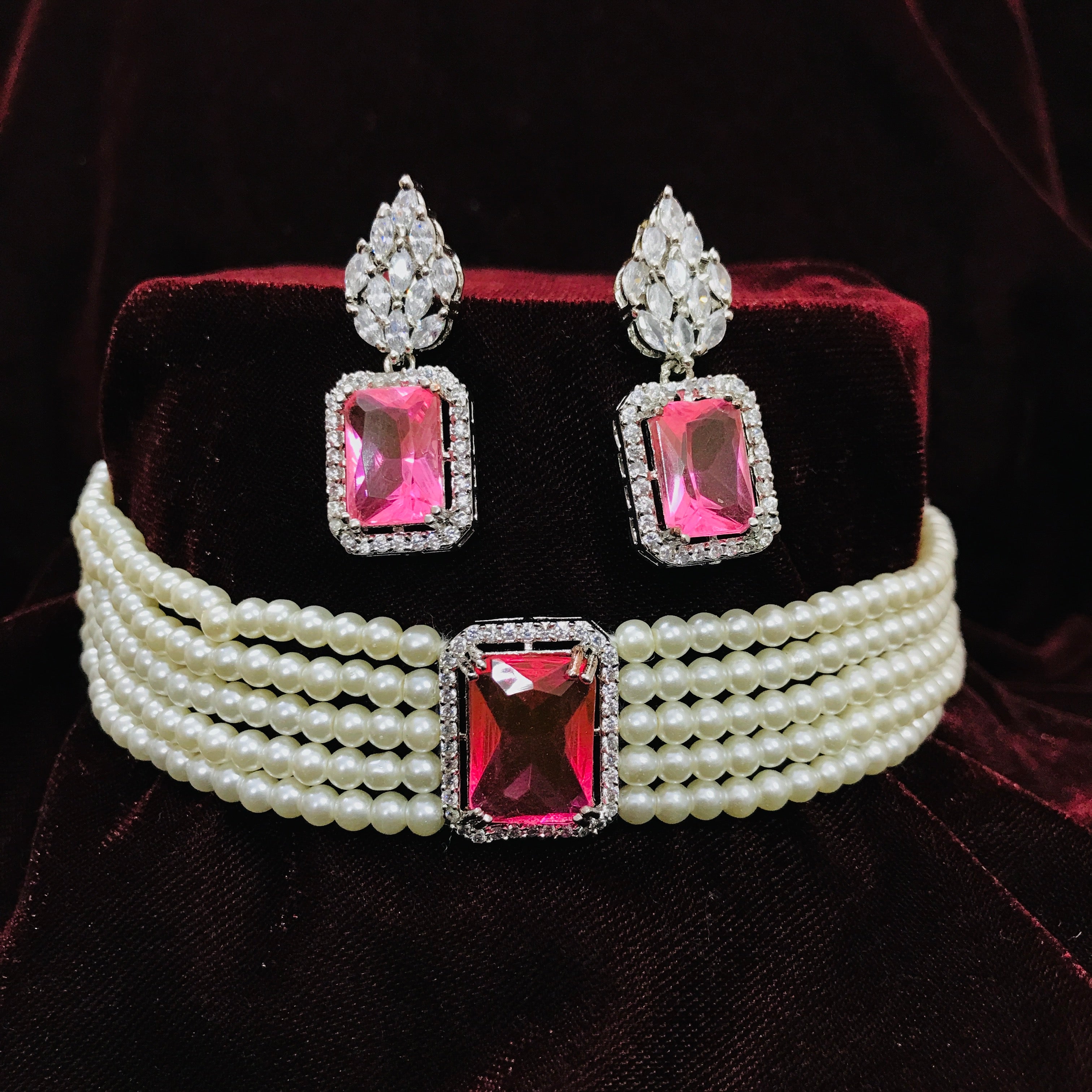 Designer Semi-Precious American Diamond & Ruby Necklace with Earrings –  PAAIE