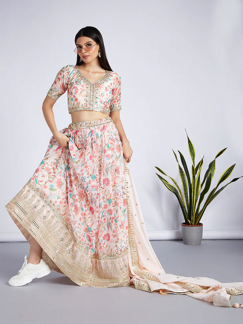 Peach & Cream Color Organza Floral Digital Print Lehenga choli For Party Wear (D345)