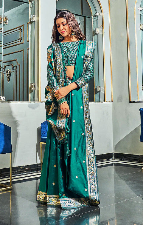 Aqua Teal Color Party Wear Banarasi Silk Designer Saree - PAAIE