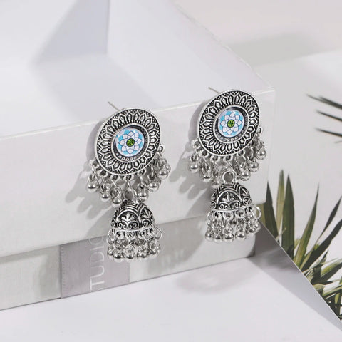 Silver-Plated Mandala Bell Drop Earrings for Women's (E966)