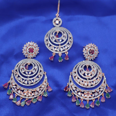 White Stones Silver American Diamond Contemporary Earrings with Mang Tikka (E126)