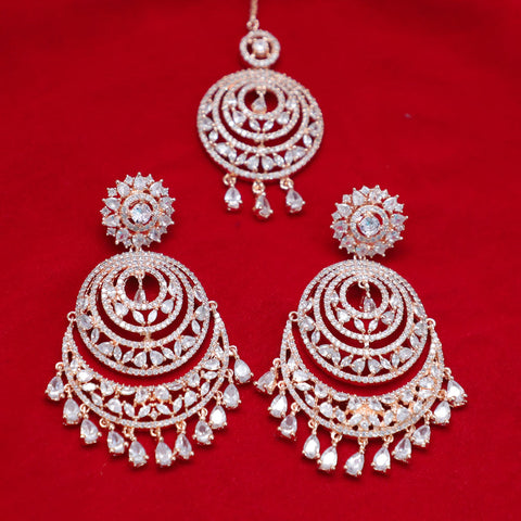 White Stones Silver American Diamond Contemporary Earrings with Mang Tikka (E126)