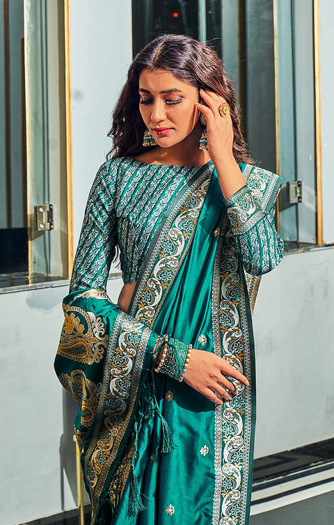 Aqua Teal Color Party Wear Banarasi Silk Designer Saree - PAAIE