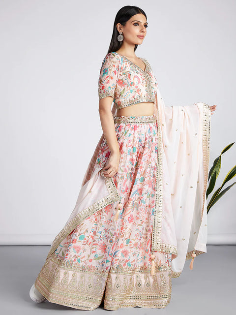 Peach & Cream Color Organza Floral Digital Print Lehenga choli For Party Wear (D345)