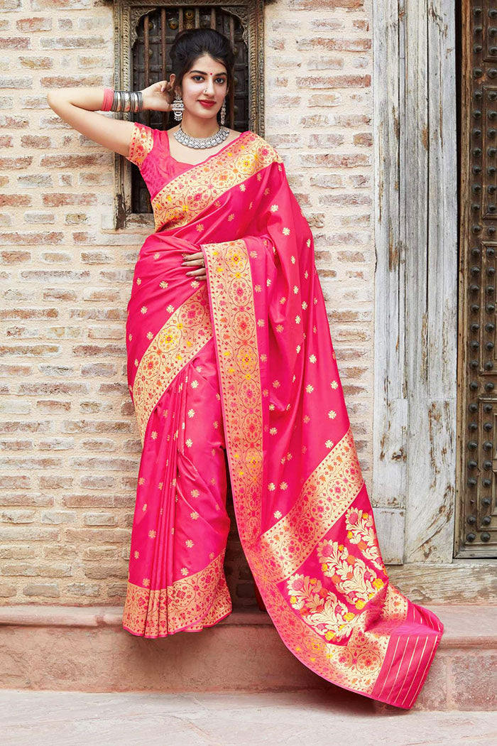 Banarasi Super Soft Silk Designer Rani Pink Color Saree– PAAIE