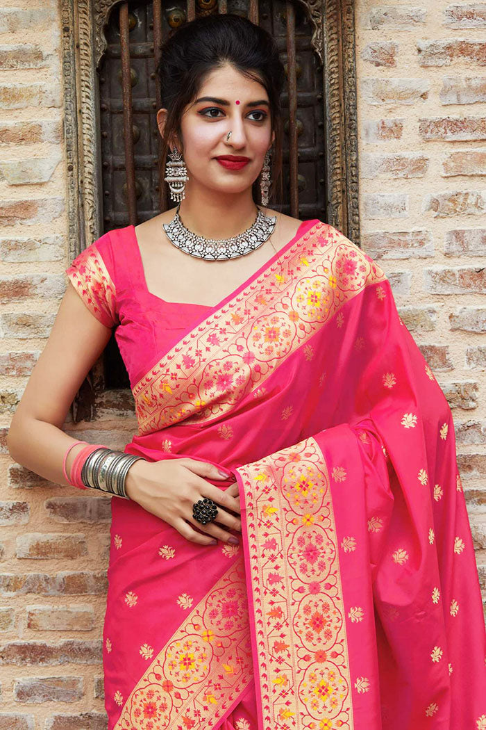 Powder Neon Pink Woven Exclusive Designer Banarasi Silk Saree With Emb –  zarikaariindia.com