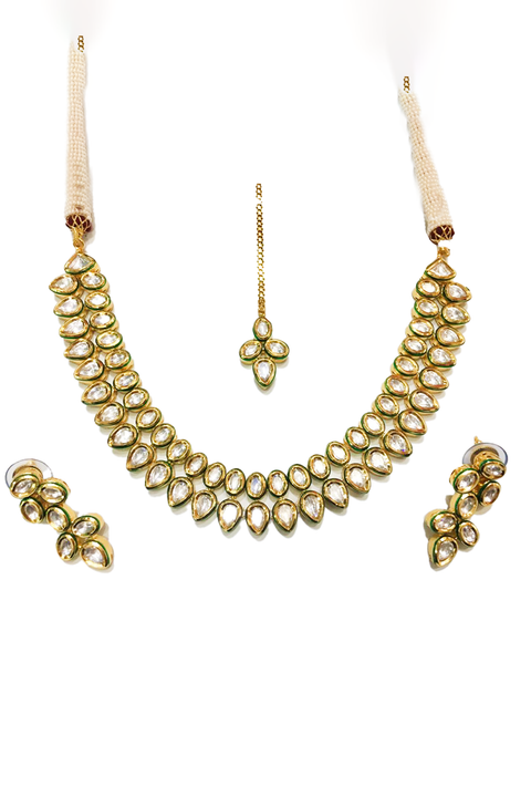 Stunning Double Line Gold Plated Kundan Set (D971)