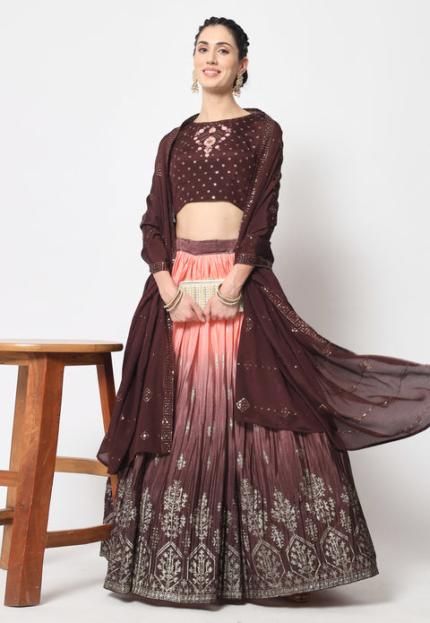 Designer Brown & Peach Ombre Foil Print Embroidered Work Lehenga Choli(D225)