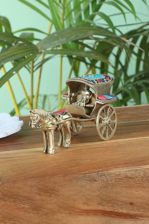 Brass Horse Cart Replica Decor Showpiece With Gemstone Work(Design 120)