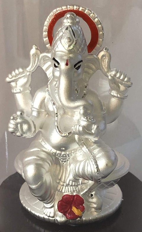 999 Pure Silver Ganesha Idol with Scarlet and Yellow Flower in Rectangular Base - PAAIE