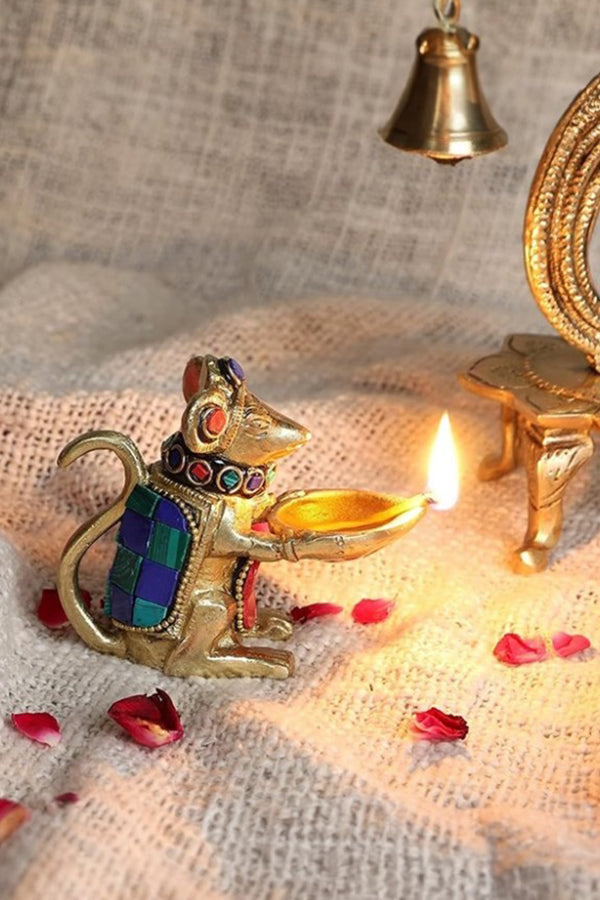 Brass Ganesha Mouse Holding Oil Lamp Diya With Gemstone Work