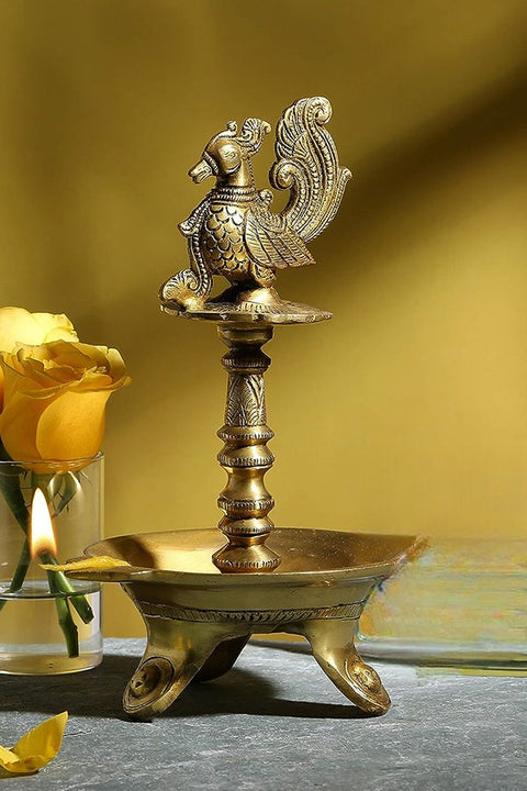 Brass Peacock Design Oil Diya with Base for Home Decor,Yellow,Standard,1 Piece(Design 100)