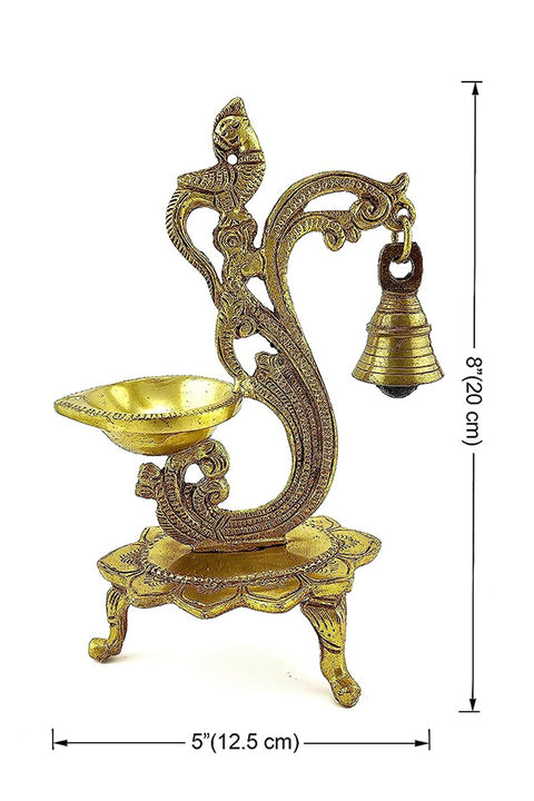 Ethnic Carved Peacock Design Brass Diya with Bell | 8 Inches | Antique White(Design 112)