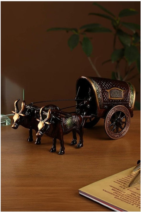 Brass Covered Village Bullock Cart Showpiece Replica(Design 121)