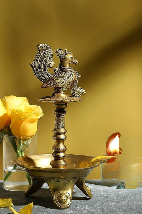 Brass Peacock Design Oil Diya with Base for Home Decor,Yellow,Standard,1 Piece(Design 100)