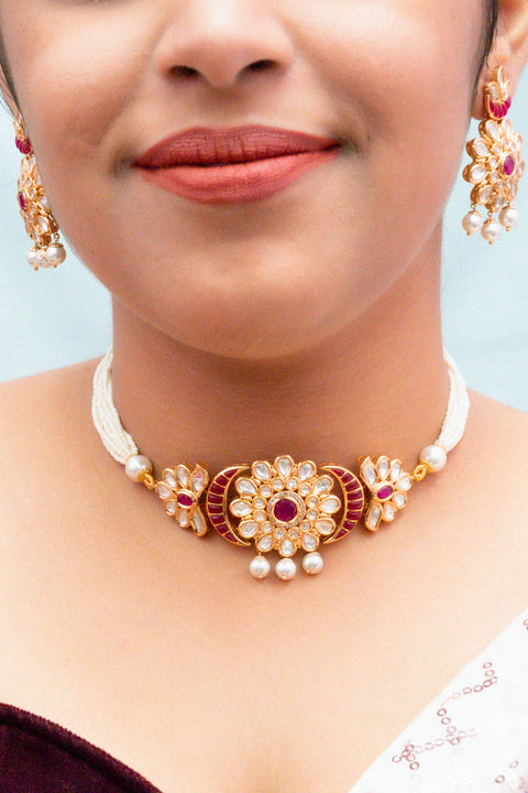 Designer Gold Plated Royal Kundan & Ruby Choker Style Necklace with Earrings (D820)