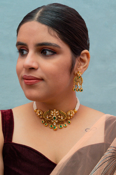 Designer Gold Plated Royal Kundan Choker Style Necklace with Earrings