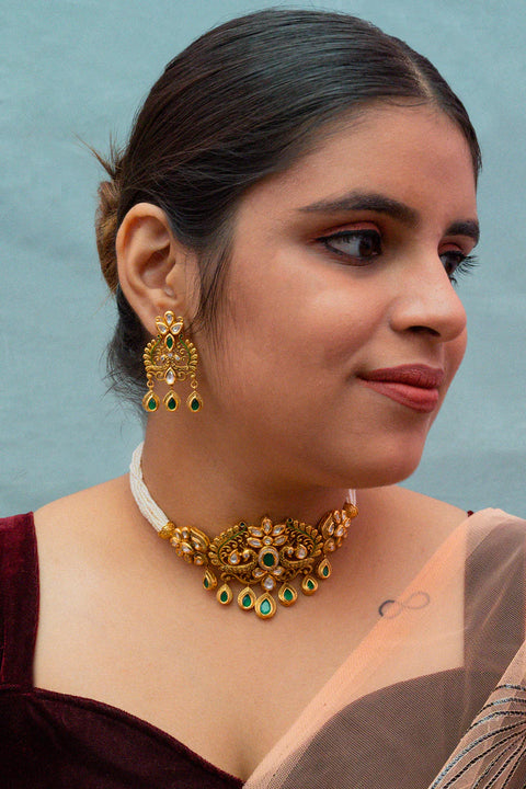 Designer Gold Plated Royal Kundan Choker Style Necklace with Earrings