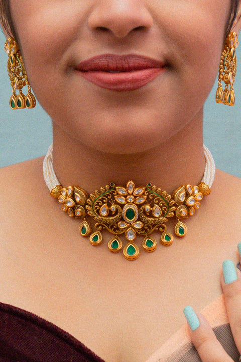 Designer Gold Plated Royal Kundan Choker Style Necklace with Earrings