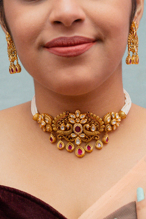 Designer Gold Plated Royal Kundan Choker Style Necklace with Earrings