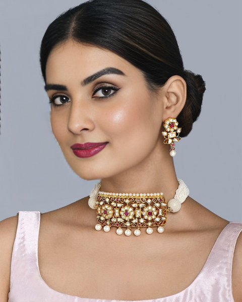 Designer Gold Plated Royal Kundan Choker Style Necklace with Earrings (D519)