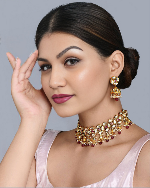 Designer Gold Plated Royal Kundan Choker Style Necklace with Earrings (D757)