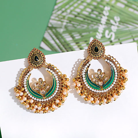 Ethnic Golden Chandbali Carved Floral Green Earrings with Crystals