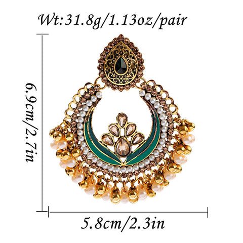 Ethnic Golden Chandbali Carved Floral Green Earrings with Crystals