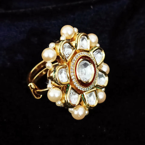 Designer Gold Plated Kundan Beaded Ring (Design 77)