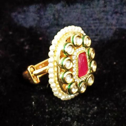 Designer Gold Plated Kundan Beaded Ring