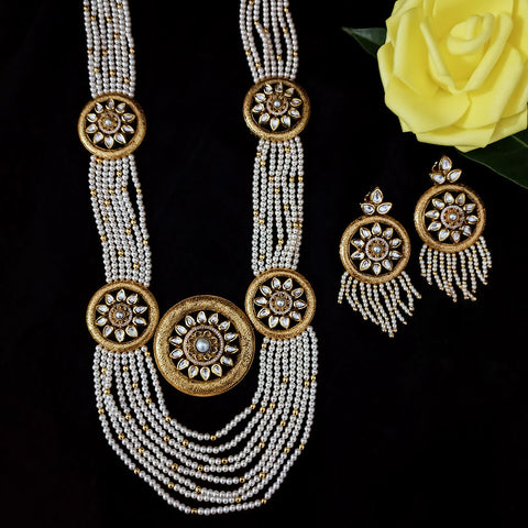 Designer White Kundan & Beads Long Necklace with Earrings (D197)