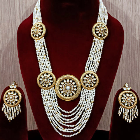 Designer White Kundan & Beads Long Necklace with Earrings (D197)