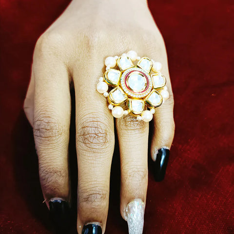 Designer Gold Plated Kundan Beaded Ring (Design 77)