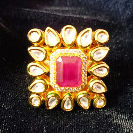 Designer Gold Plated Royal Kundan Beaded Ring (Design 137)