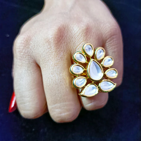 Designer Gold Plated Royal Kundan  & Ruby Beaded Ring (Design 105)