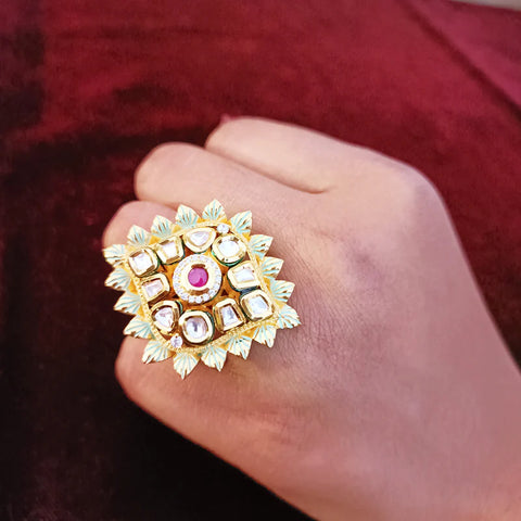 Designer Gold Plated Black Enameled Royal Kundan & Ruby Beaded Ring (Design 127)