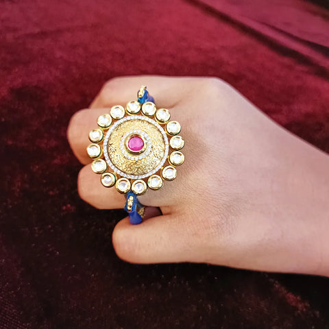 Designer Gold Plated Pink Enameled Royal Kundan & Ruby Beaded Ring (Design 125)