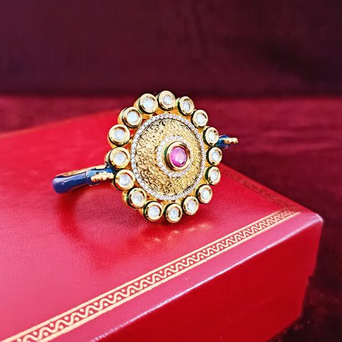 Designer Gold Plated Pink Enameled Royal Kundan & Ruby Beaded Ring (Design 125)