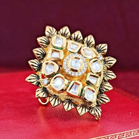 Designer Gold Plated Black Enameled Royal Kundan & Ruby Beaded Ring (Design 127)