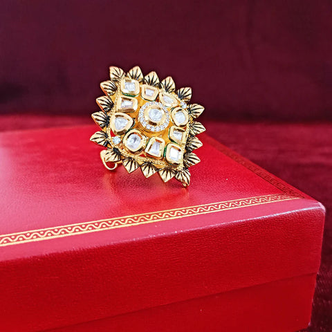 Designer Gold Plated Black Enameled Royal Kundan & Ruby Beaded Ring (Design 127)