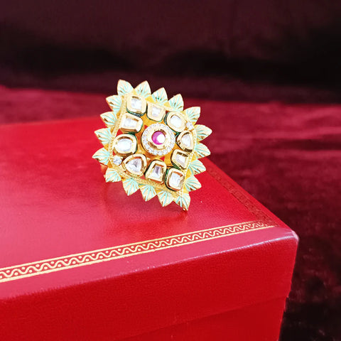 Designer Gold Plated Black Enameled Royal Kundan & Ruby Beaded Ring (Design 127)