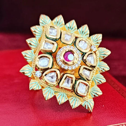 Designer Gold Plated Black Enameled Royal Kundan & Ruby Beaded Ring (Design 127)