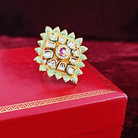 Designer Gold Plated Black Enameled Royal Kundan & Ruby Beaded Ring (Design 127)