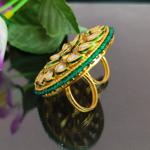 Designer Gold Plated Royal Kundan Beaded Ring (Design 145)